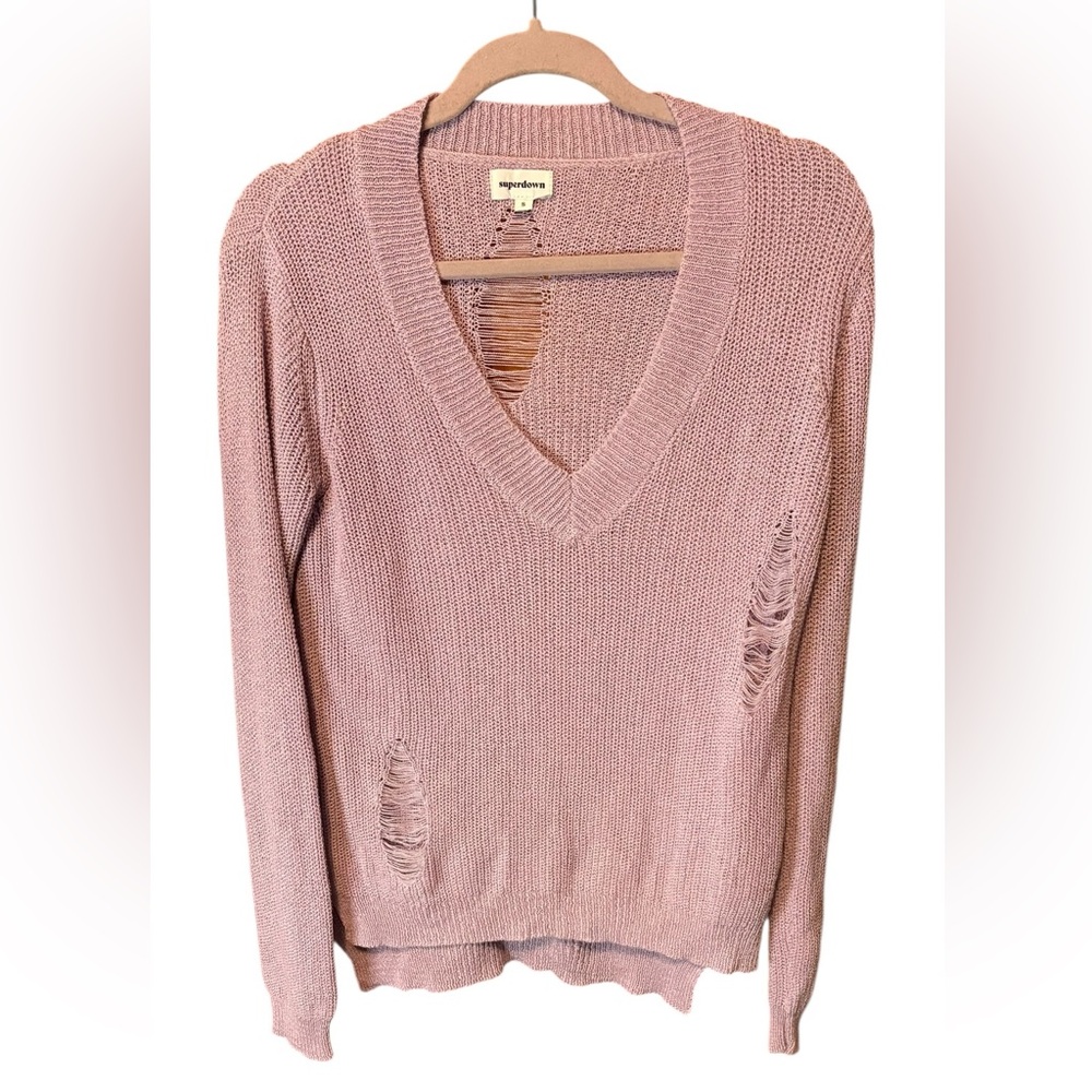 Superdown Revolve Purple Distressed V-Neck Knit Sweater Size Small